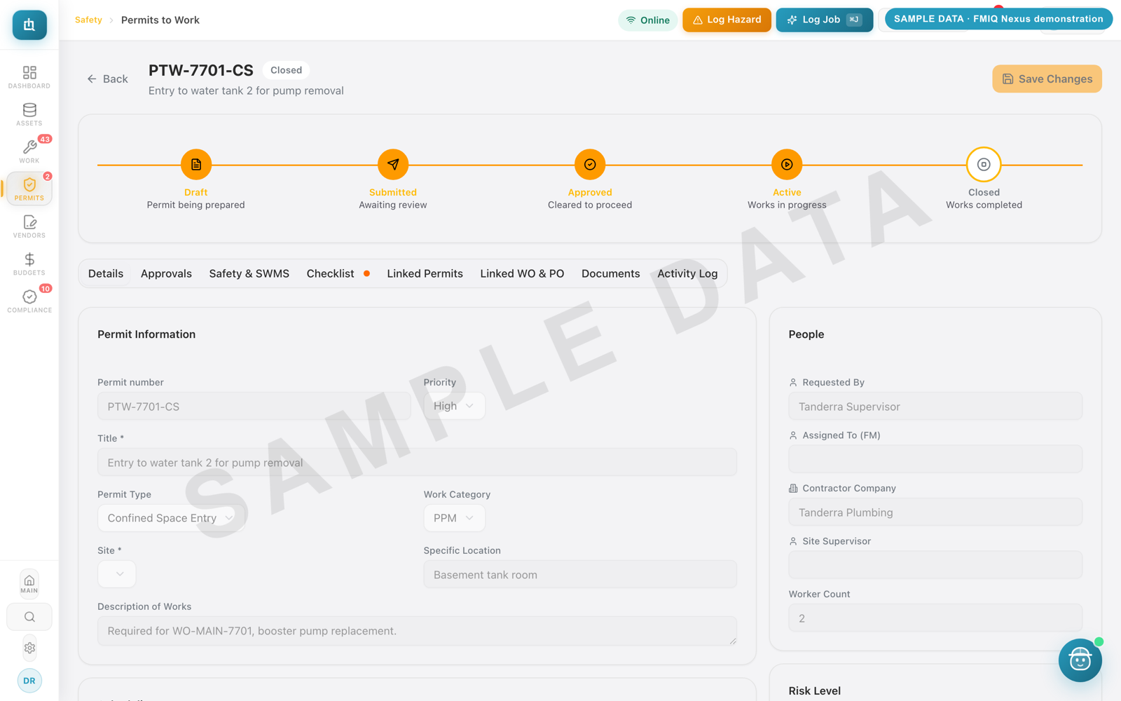 FMIQ Nexus screen: Permit approvals (sample data)