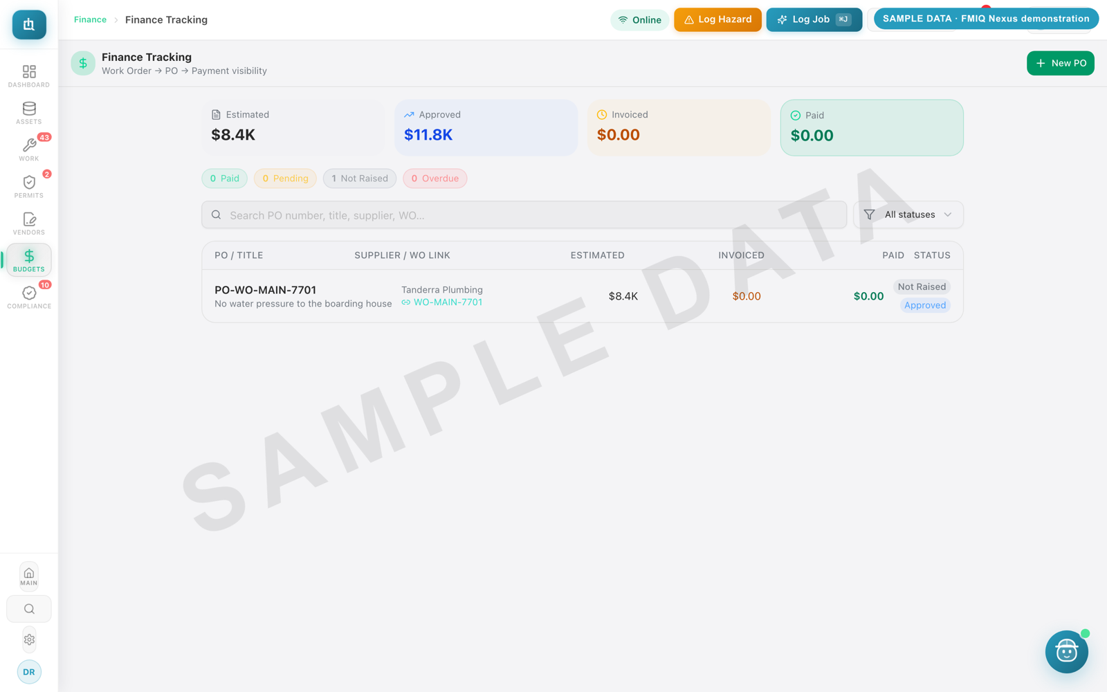 FMIQ Nexus screen: Cost and invoice (sample data)